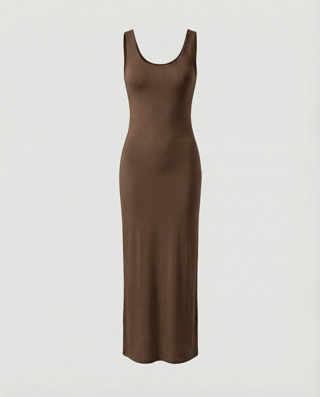 Women's scoop neck, sleeveless, bodycon silhouette maxi dress, comfortable & chic for modern fashion.