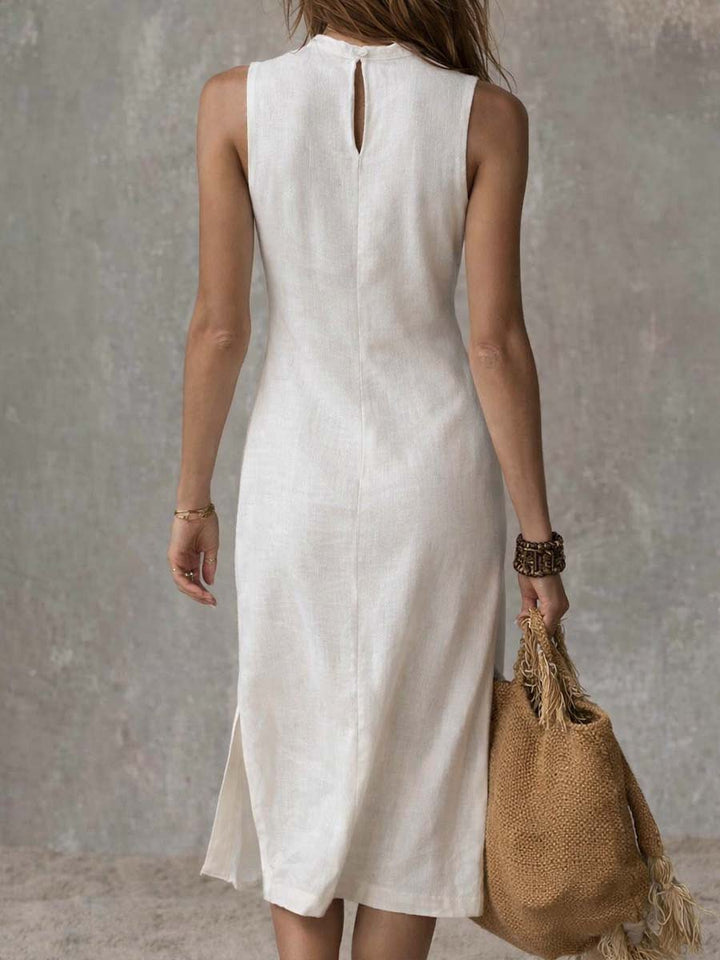 Close-up of a comfortable ribbed knit sleeveless midi dress for women, showing soft fabric texture.