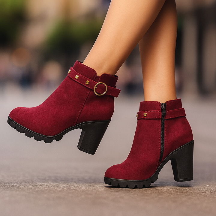 Women's black studded block heel ankle boots, perfect for fall and winter fashion
