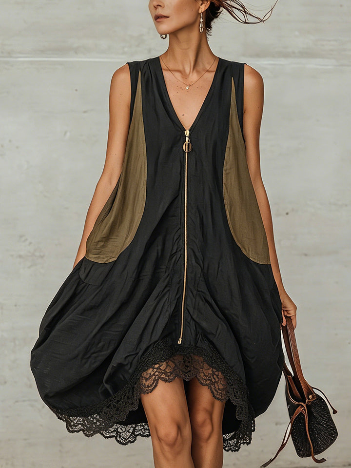 Women's black V-neck zip-front midi dress with delicate lace hem, perfect for casual or elegant occasions.