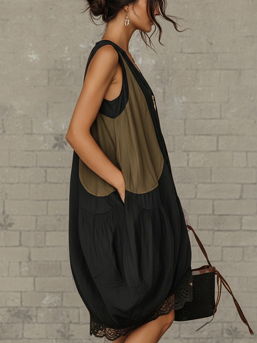 Elegant black midi dress for women, featuring a V-neck, zip front, lace hem, and relaxed fit. Ideal for spring/summer.