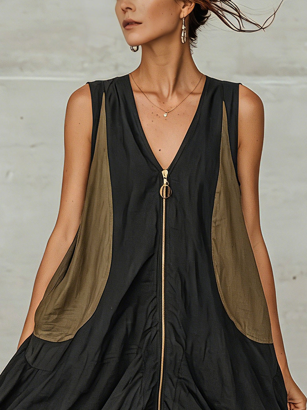 Stylish women's black V-neck midi dress with functional zip front detail & elegant lace hem. Versatile for day or night.