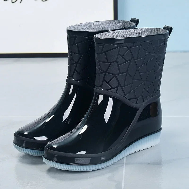 Close-up of women's comfortable waterproof winter rain boots, showing texture