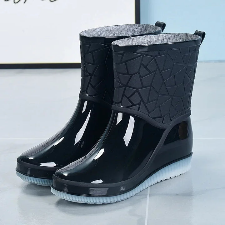 Close-up of women's comfortable waterproof winter rain boots, showing texture