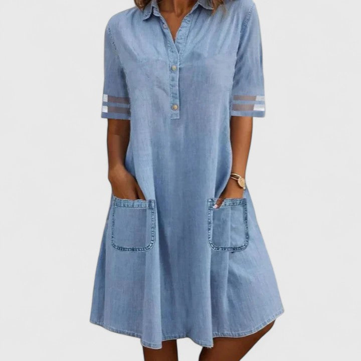 Women's blue button-down dress, figure-flattering for casual, everyday, or summer wear. Versatile & timeless fashion.
