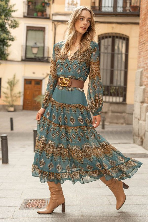 Women's blue medallion print midi dress with puff sleeves, V-neck, and tiered skirt, perfect for bohemian elegant style.