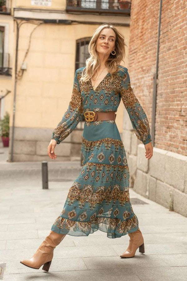 Blue medallion puff sleeve tiered midi dress for women, featuring a V-neck, long sleeves & vintage-inspired bohemian design.