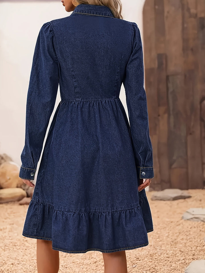 Flattering women's blue midi dress with button front and ruffle hem, ideal for everyday spring and summer fashion.