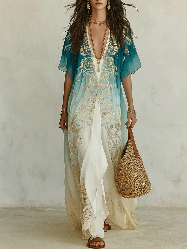 Women's blue ombre kaftan maxi dress with V-neck, perfect for resort wear or a beach day. Boho summer style.