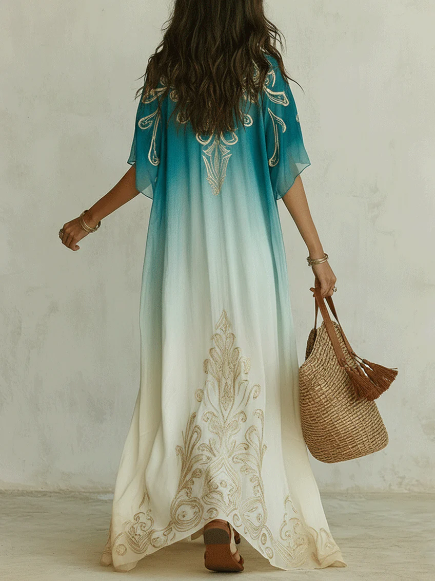 Effortless women's blue ombre kaftan maxi dress, V-neck, kimono sleeves, and bohemian design for ultimate comfort.
