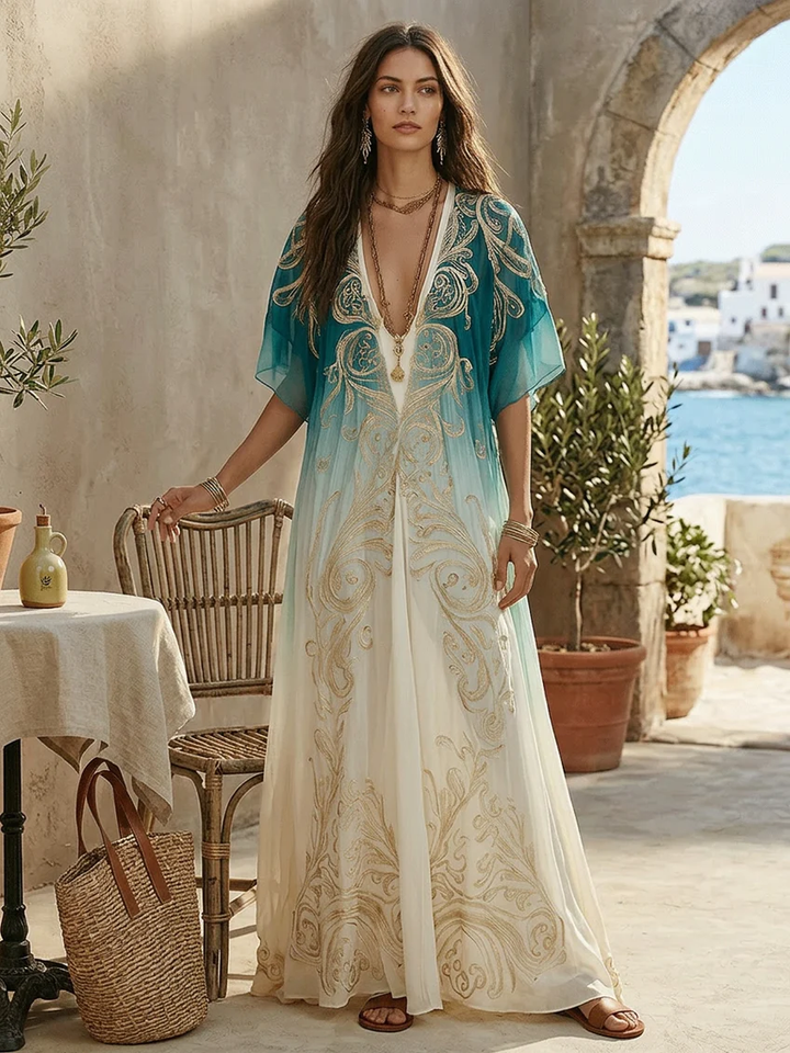 Bohemian blue ombre maxi kaftan dress, women's V-neck design. Flowing and comfortable for beach or summer resort.