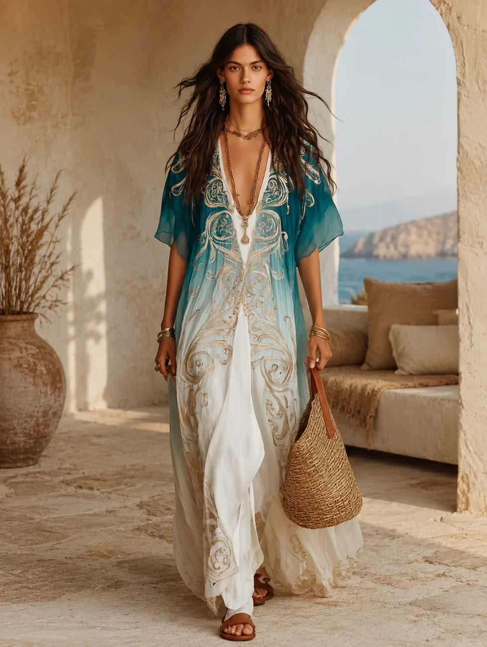 Women's casual blue ombre V-neck kaftan maxi dress, featuring a boho-inspired design, ideal for summer fashion.