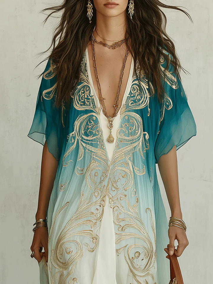 Vibrant blue ombre kaftan maxi dress, women's boho-style with a V-neck. Flowing and comfortable for summer days.