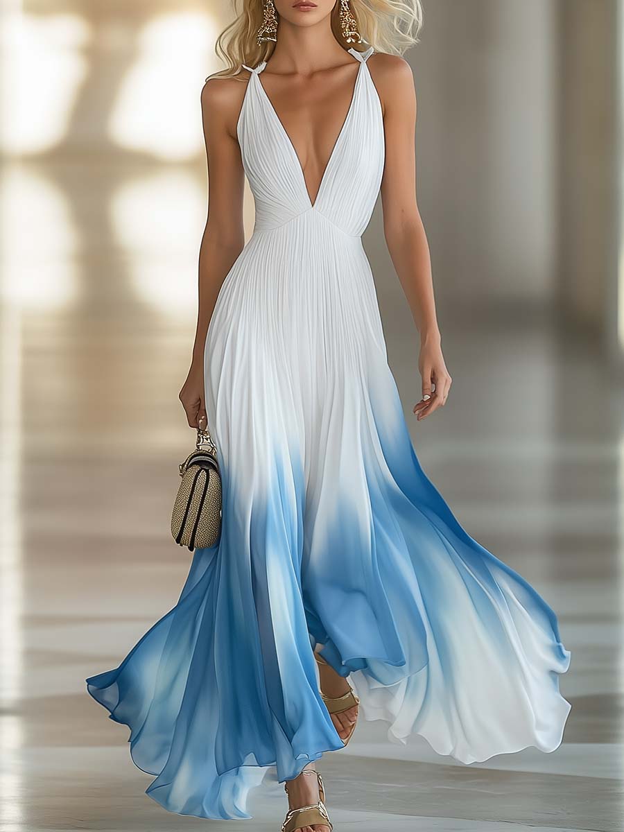 Women's blue ombre pleated maxi dress with deep V-neck and tie straps, perfect for formal events & evening wear.