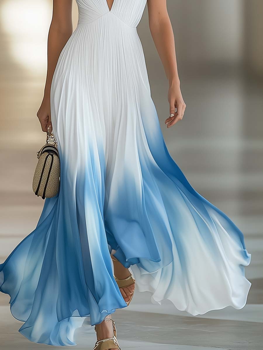 Sophisticated women's ombre maxi dress, deep V-neck, and pleated design, ideal as an evening gown or special occasion dress.