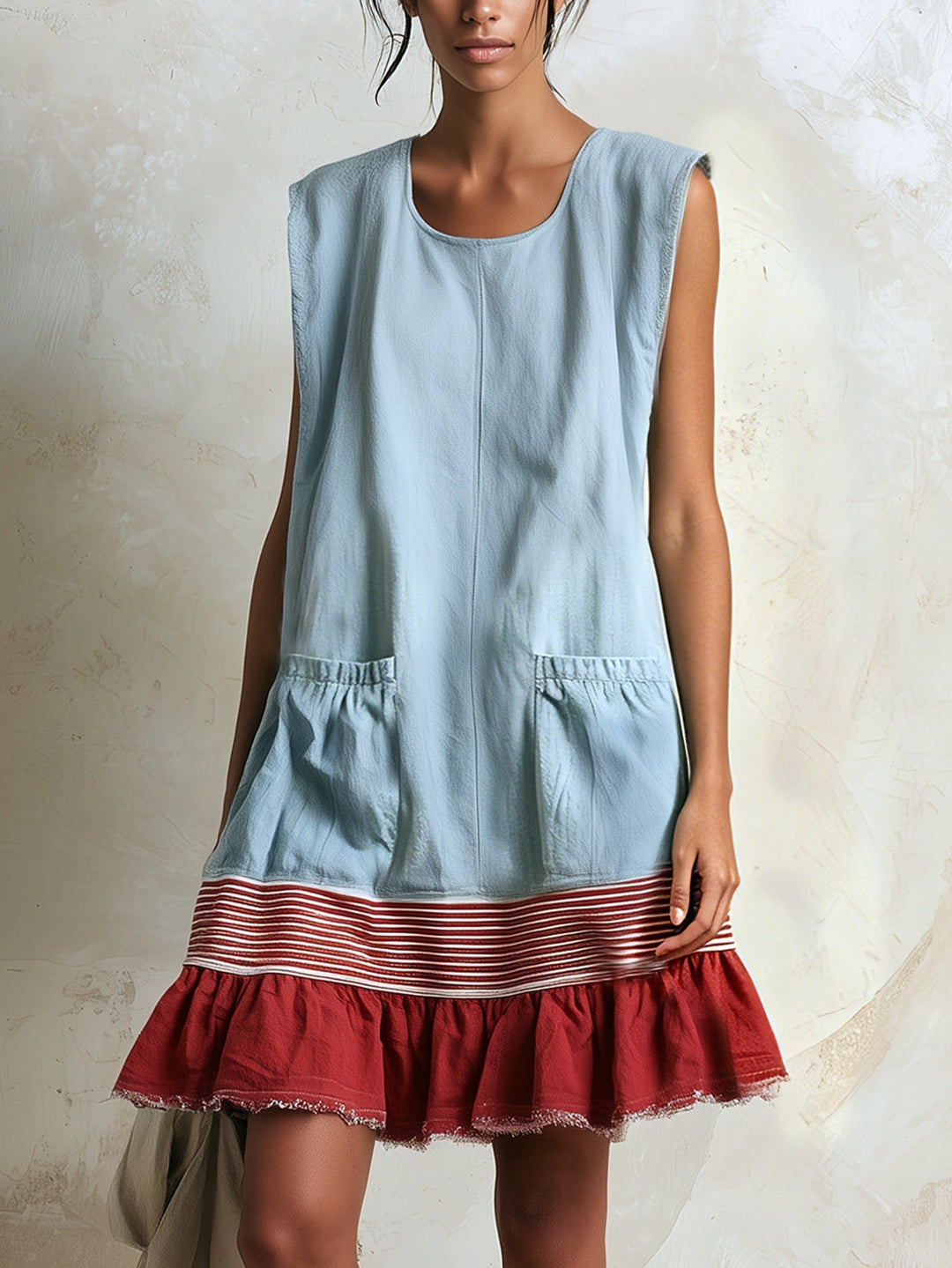 Women's blue tiered ruffle mini dress with contrast hem, perfect for summer casual wear.