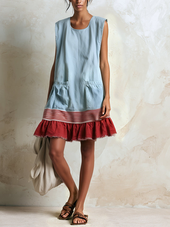 Effortless women's blue tiered mini dress with ruffles & contrast trim for a stylish summer day.