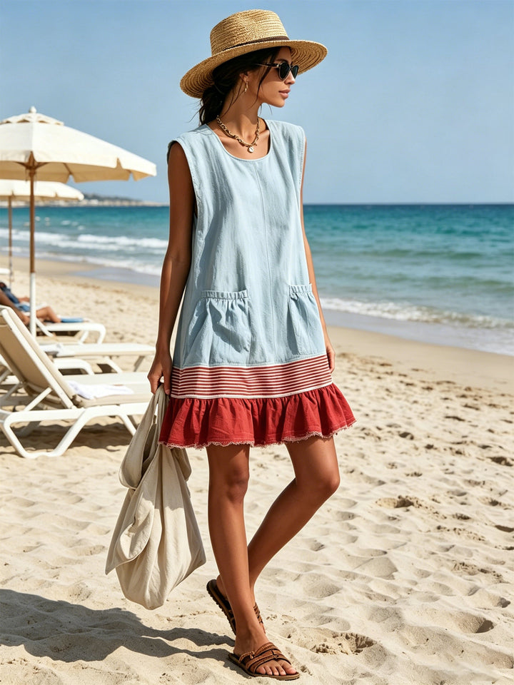 Boho style blue tiered ruffle mini dress for women, sleeveless, great for summer vacations.