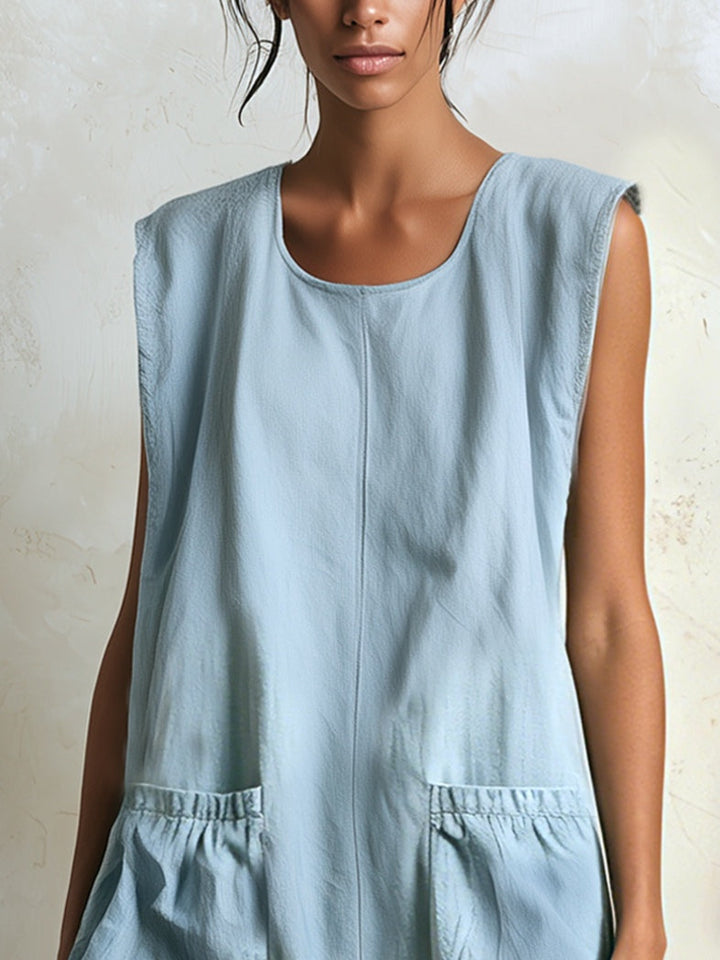 Women's blue tiered ruffle mini dress, sleeveless, with a contrast hem, for summer fashion.