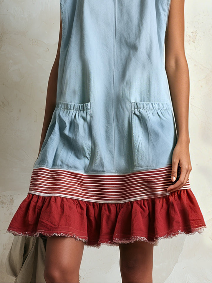 Effortless blue tiered ruffle mini dress for women, a sleeveless day dress with contrast trim.
