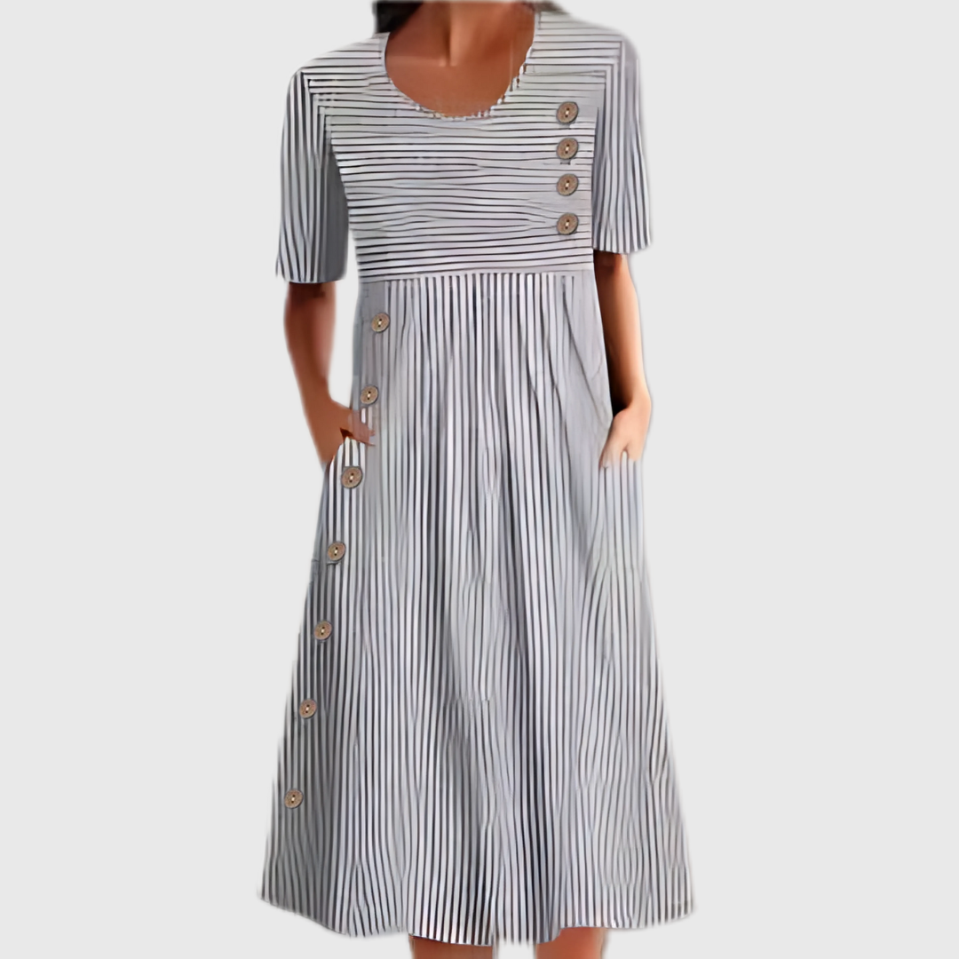 Elegant gray striped button-front midi dress for women, sleeveless, flowy style, perfect for everyday summer wear.