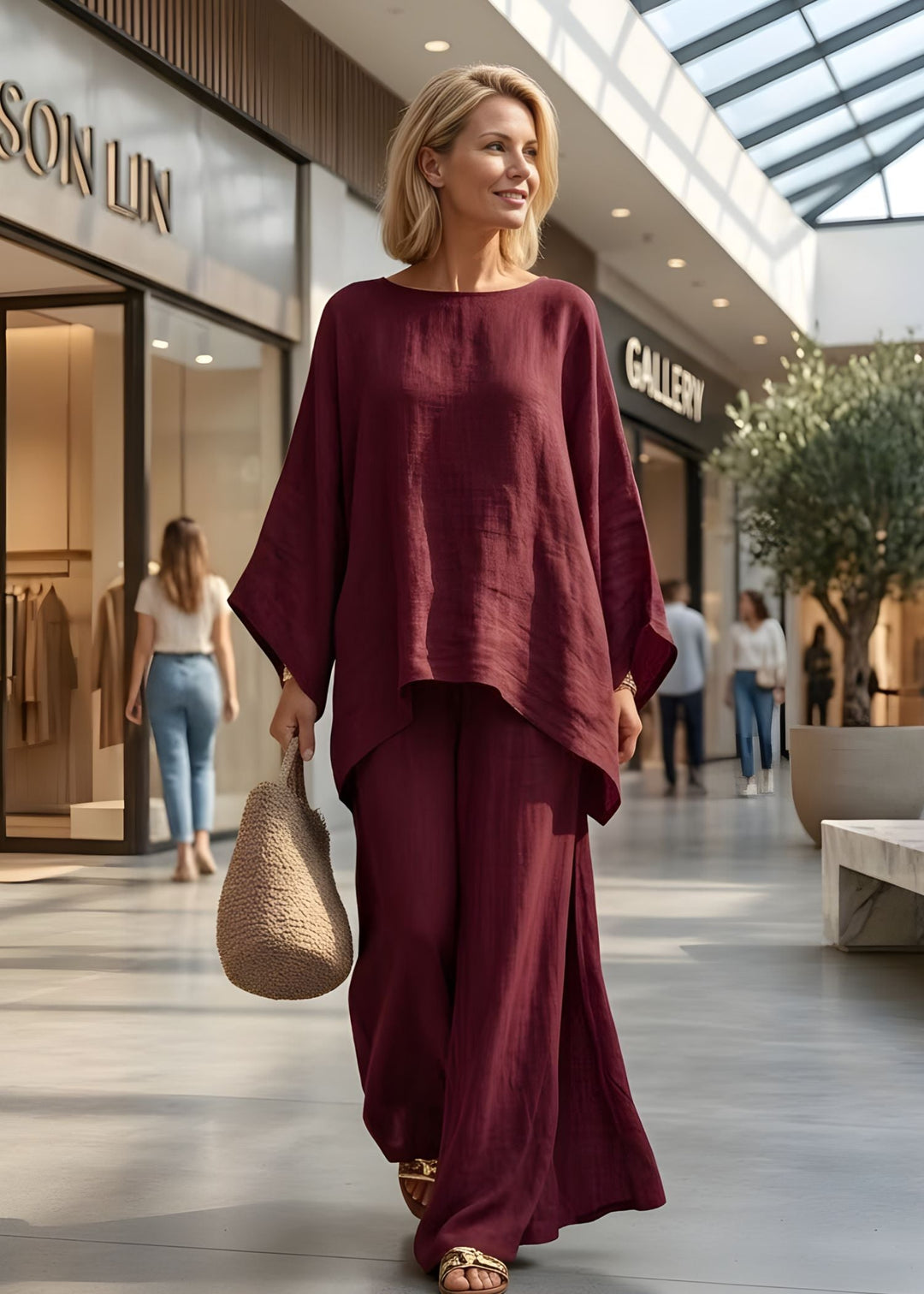 Sophisticated women's bohemian chic two-piece with a stylish cape top & comfortable wide-leg pants.