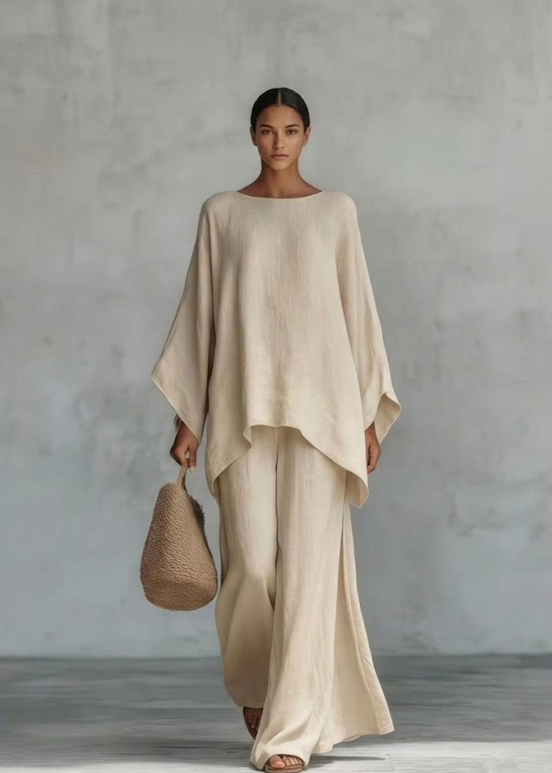 Flowy women's two-piece set: comfortable cape top & wide-leg pants, perfect for sophisticated resort or travel.