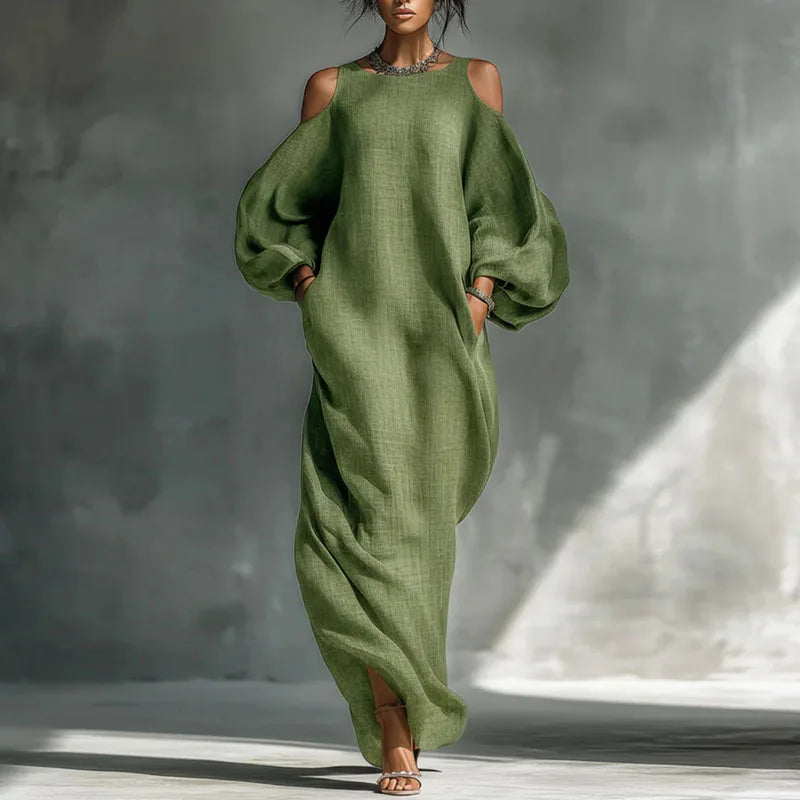 Flowy women's cold shoulder maxi dress with long sleeves, relaxed modern bohemian style for everyday comfort.