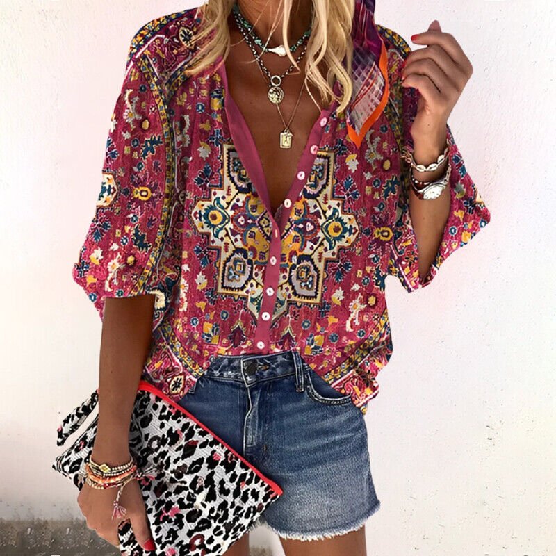 Casual women's floral V-neck top with short sleeves & front buttons, a stylish choice for spring & summer fashion.