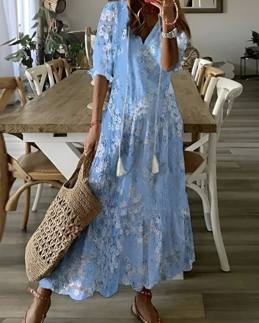 Bohemian style women's midi dress, flowing and perfect as a summer dress or beachwear.