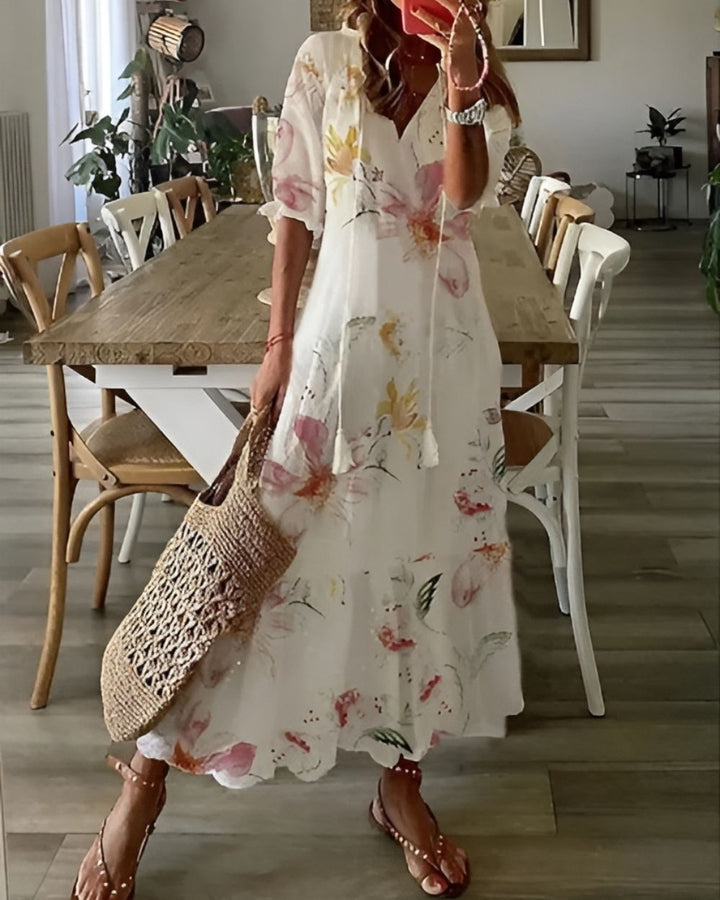 Boho midi dress for women, ideal beachwear with a relaxed, flowing fit and adjustable straps.