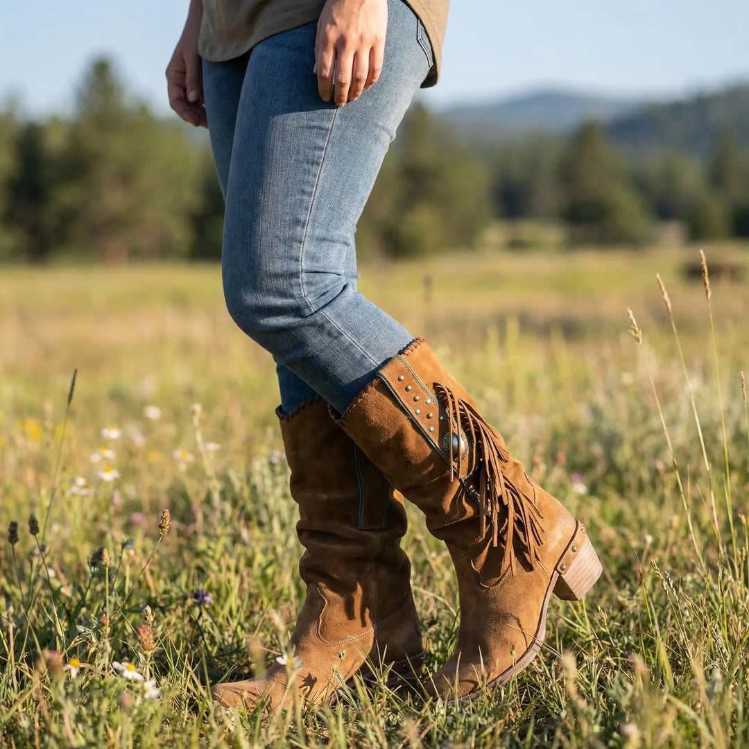 Women's bohemian mid-calf Western boots with flowing fringe, a pointed toe, and comfortable block heel for boho style.