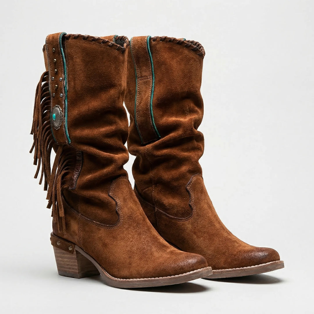 Boho style women's fringe boots, perfect mid-calf Western footwear for spring and fall casual outfits.