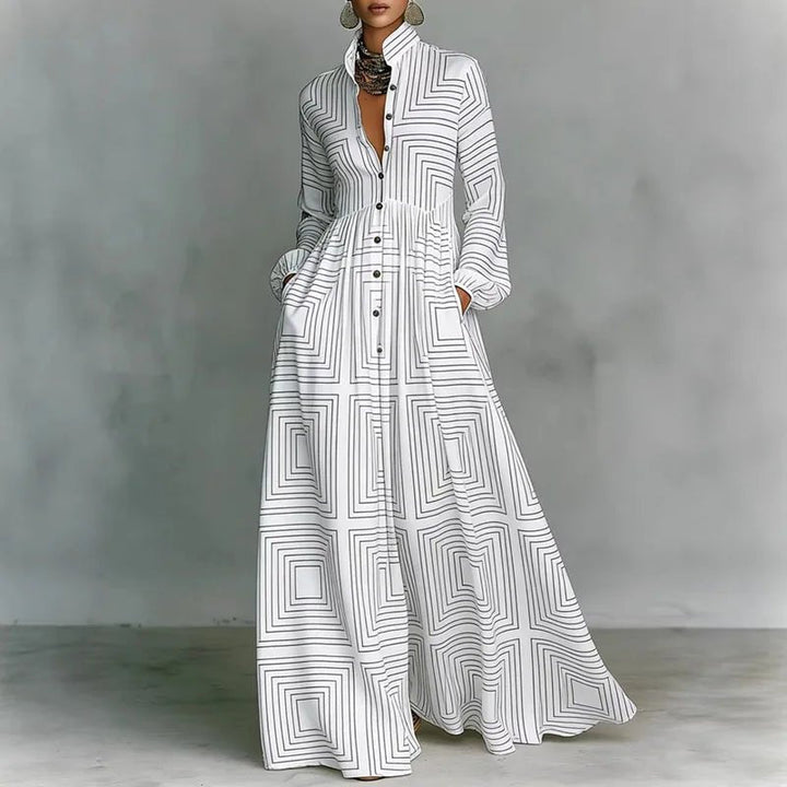Women's Bohemian printed maxi dress with elegant long sleeves, perfect for casual spring fashion.