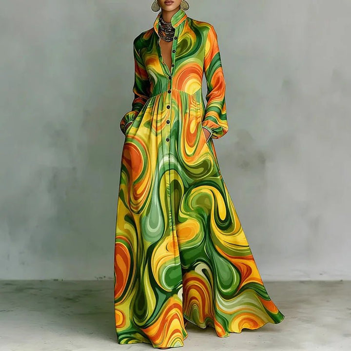 Casual women's bohemian dress: high-waisted, long-sleeved, printed maxi style for elegant spring comfort.