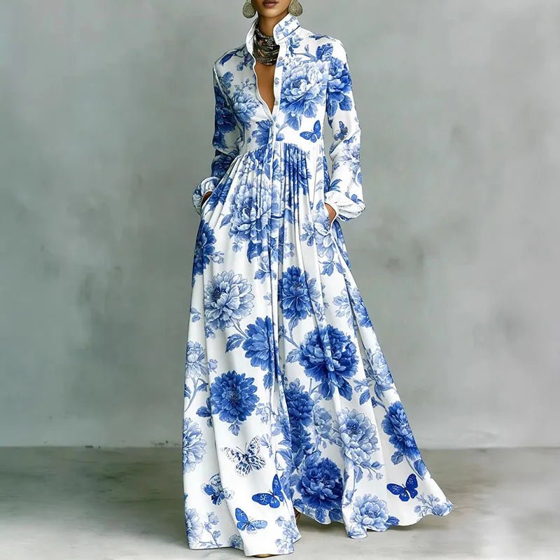 Elegant comfort in a women's printed long sleeve maxi dress, featuring a bohemian design and flowy silhouette.
