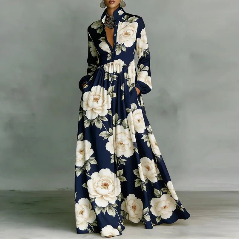 Vibrant printed bohemian maxi dress for women, offering a high-waisted, long-sleeved, casual yet elegant look.