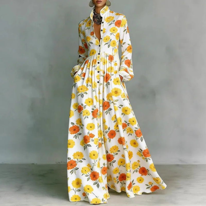 Women's long sleeve printed maxi dress with a bohemian flowy silhouette, perfect for spring casual elegance.