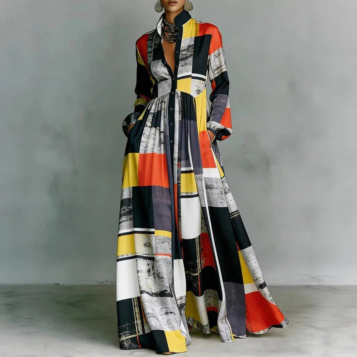 Stylish women's bohemian printed long sleeve maxi dress, featuring a stand collar and button front for spring.