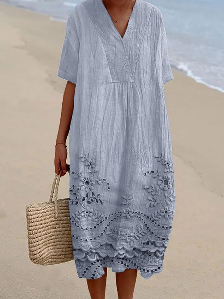 Comfortable women's bohemian midi dress in a chic, flowing style. Perfect casual summer outfit for everyday wear.