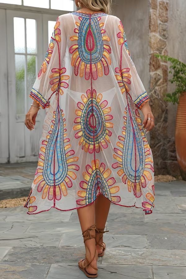 Comfortable women's sunflower kimono cover-up, elegant bohemian beachwear for resort vacations & poolside.