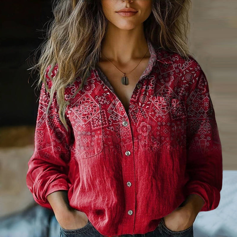 Women's Bohemian vintage floral long sleeve blouse with a v-neck and relaxed fit, perfect for casual style.