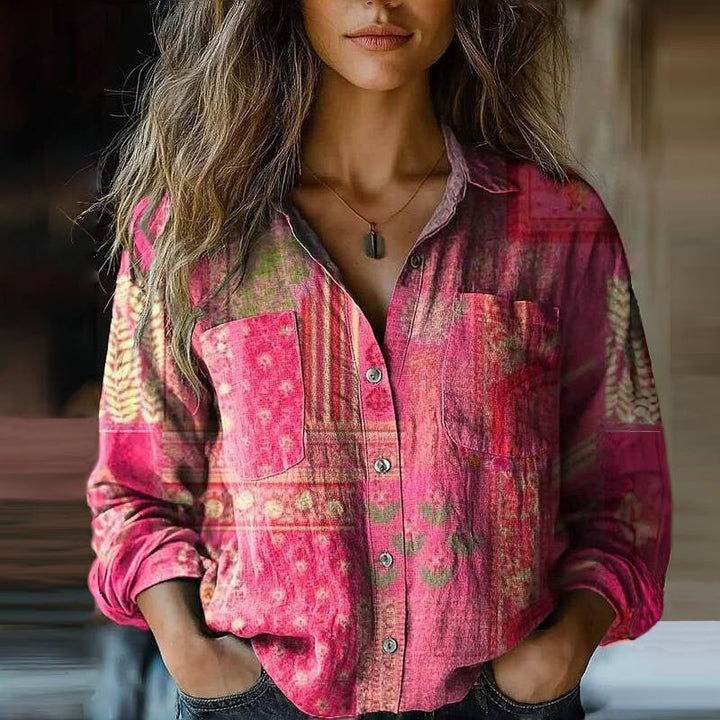 Women's patterned long sleeve Bohemian vintage blouse, collared v-neck button-down, for a stylish look.