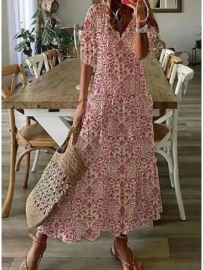 Effortless women's A-line boho dress with a flattering silhouette, v-neck, and stylish geometric pattern for casual elegance.
