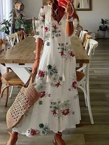 V-neck boho midi dress for women, elegant lantern sleeves, and a flowy A-line fit with a unique geometric design.