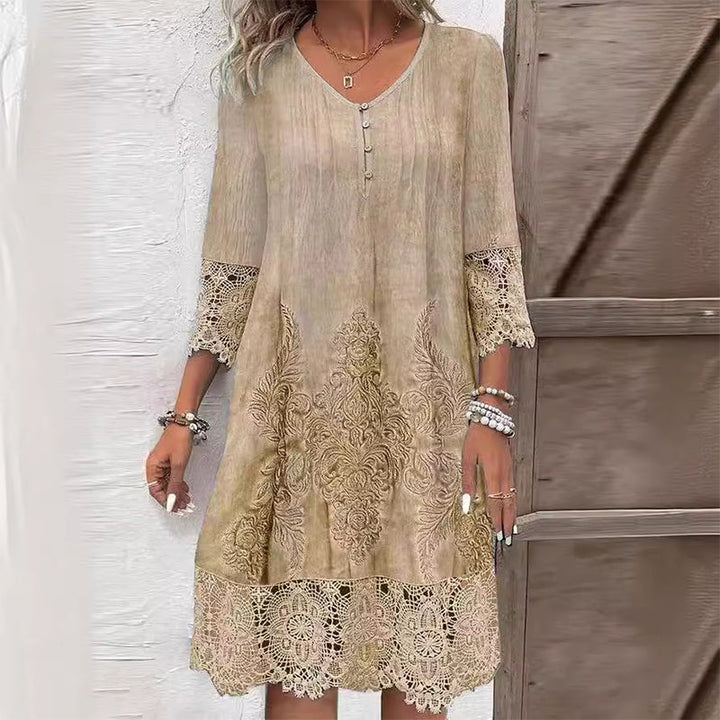 Feminine V-neck midi dress for women, showcasing elegant boho embroidery & lace, ideal for summer fashion.