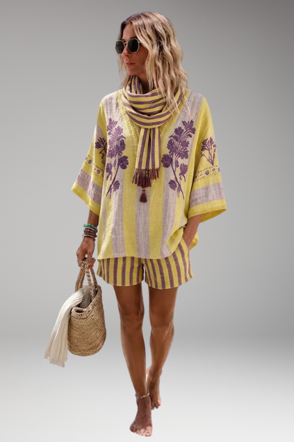 Vacation-ready women's boho embroidered V-neck top & shorts set. A stylish and airy summer two-piece.
