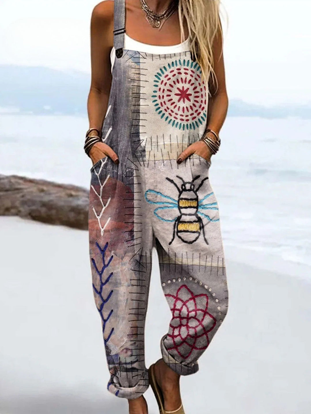 Women's Boho Embroidery Print Casual Jumpsuit. Relaxed fit dungarees with adjustable straps, ideal for summer festivals.