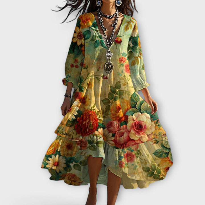 Women's boho floral midi dress with flowy 3/4 sleeves, V-neck, perfect for spring/summer casual or elegant wear.