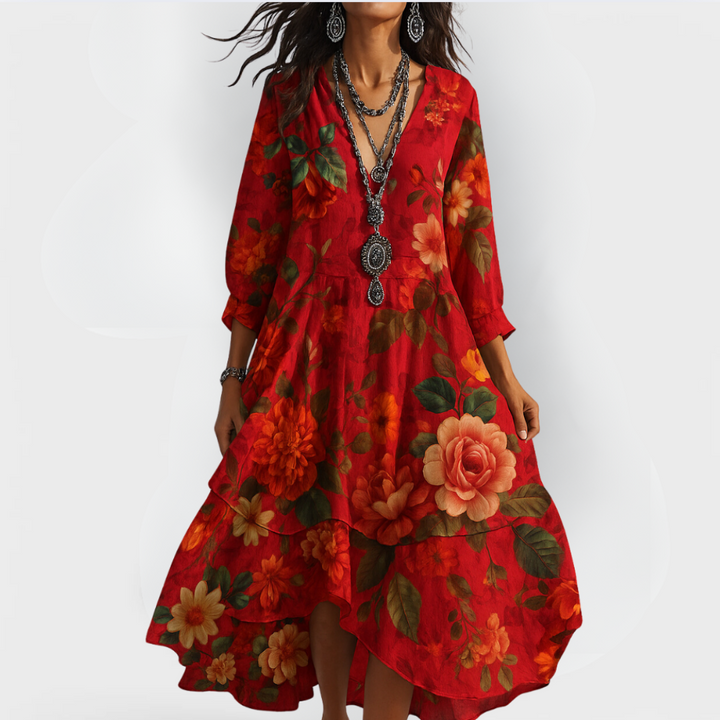 Flowy women's boho floral midi dress, tiered design, V-neck, 3/4 sleeves. Ideal for summer casual fashion.